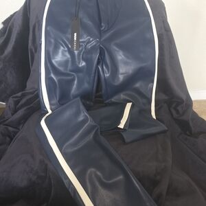 Fashion Nova Blue Faux Leather Pants with White Accents